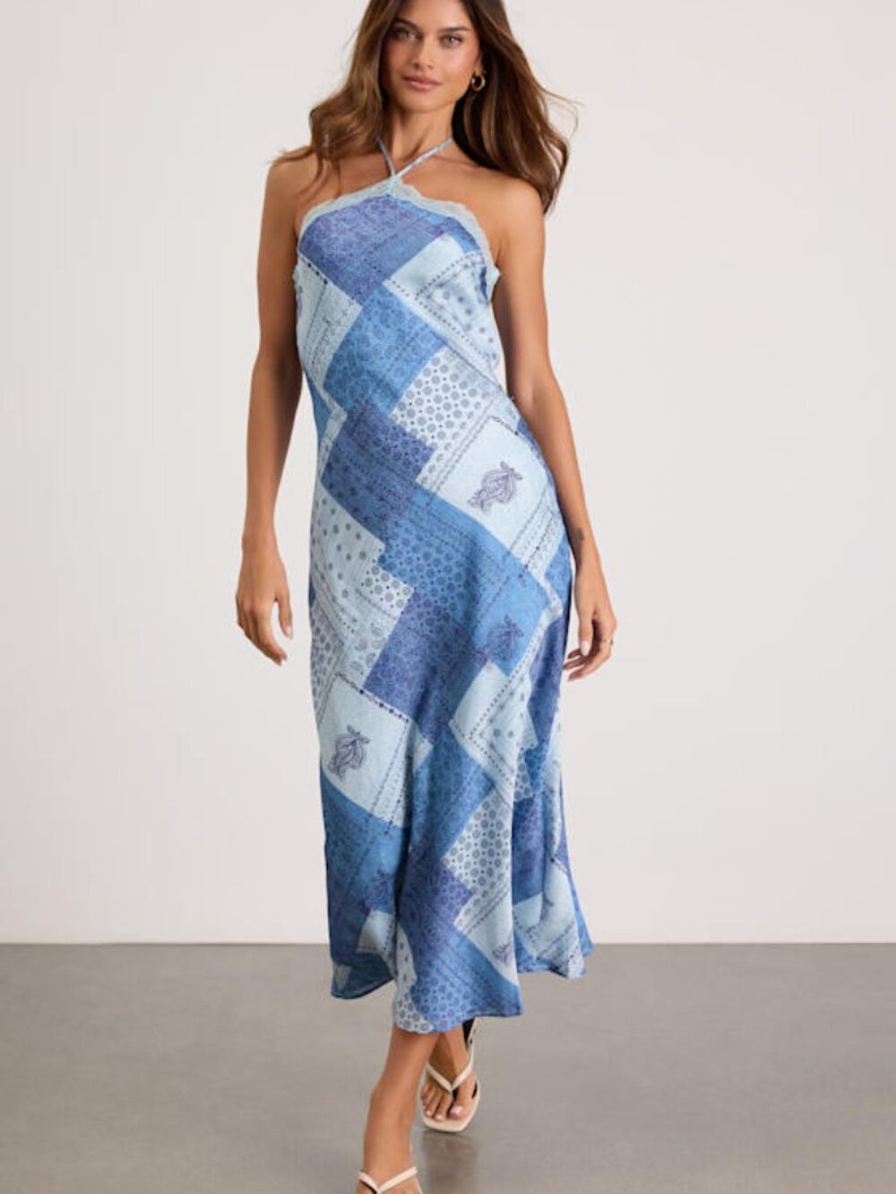 NWT Lulus Ellira Blue Patchwork And Paisley Print Halter Maxi Dress - Size XS